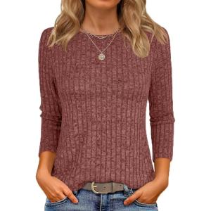 imageANRABESS Women 34 Sleeve Length Shirts 2025 Fall Lightweight Sweaters Loose Fit Ribbed Knit Casual Soft Layering TopsRust Orange