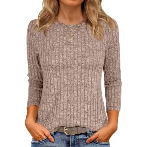 imageANRABESS Women 34 Sleeve Length Shirts 2025 Fall Lightweight Sweaters Loose Fit Ribbed Knit Casual Soft Layering TopsTan