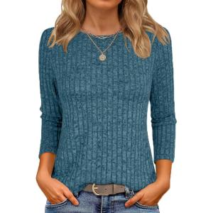 imageANRABESS Women 34 Sleeve Length Shirts 2025 Fall Lightweight Sweaters Loose Fit Ribbed Knit Casual Soft Layering TopsTeal