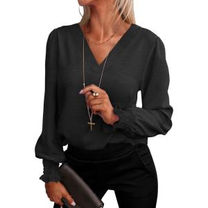 imageANRABESS Womens Business Casual Tops V Neck Puff Long Sleeve Shirts Dressy Office Work Blouse 2025 Fall Outfits ClothesBlack
