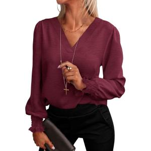 imageANRABESS Womens Business Casual Tops V Neck Puff Long Sleeve Shirts Dressy Office Work Blouse 2025 Fall Outfits ClothesBurgundy Wine Red