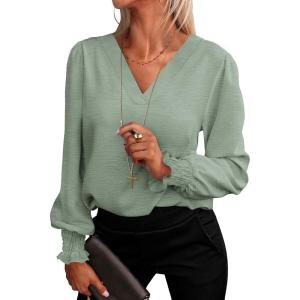 imageANRABESS Womens Business Casual Tops V Neck Puff Long Sleeve Shirts Dressy Office Work Blouse 2025 Fall Outfits ClothesLight Green