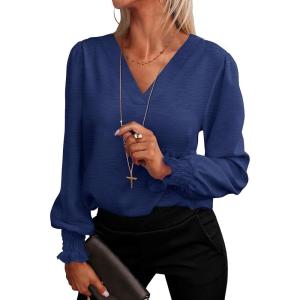 imageANRABESS Womens Business Casual Tops V Neck Puff Long Sleeve Shirts Dressy Office Work Blouse 2025 Fall Outfits ClothesNavy Blue
