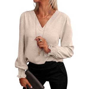 imageANRABESS Womens Business Casual Tops V Neck Puff Long Sleeve Shirts Dressy Office Work Blouse 2025 Fall Outfits ClothesParchment