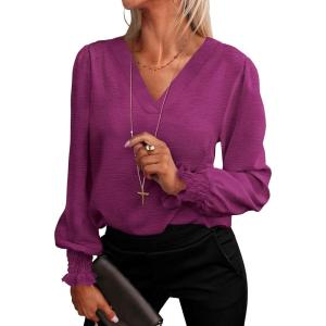 imageANRABESS Womens Business Casual Tops V Neck Puff Long Sleeve Shirts Dressy Office Work Blouse 2025 Fall Outfits ClothesPurple Red
