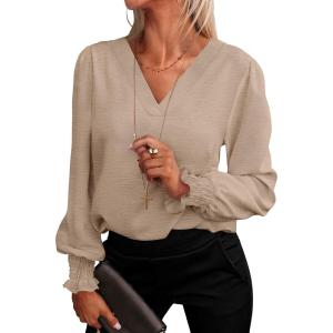 imageANRABESS Womens Business Casual Tops V Neck Puff Long Sleeve Shirts Dressy Office Work Blouse 2025 Fall Outfits ClothesYellow Khaki