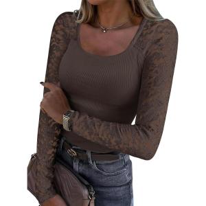 imageANRABESS Womens Long Sleeve Shirts Scoop Neck Lace Going Out Tops Slim Fit Rib Knit Casual Blouses 2025 Fall Fashion OutfitsCoffee