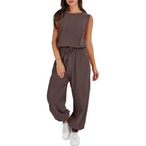 imageANRABESS Jumpsuits for Women Casual Summer Sleeveless 2025 Romper One Piece Outfit Active Workout Lounge Jumpsuits PocketsBrown
