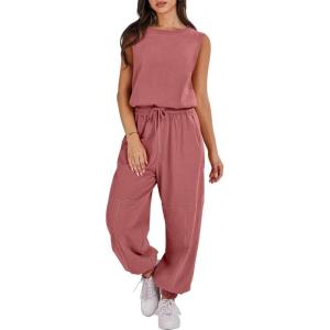 imageANRABESS Jumpsuits for Women Casual Summer Sleeveless 2025 Romper One Piece Outfit Active Workout Lounge Jumpsuits PocketsRust