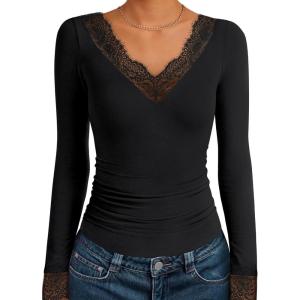 imageANRABESS Long Sleeve Shirts for Women Lace V Neck Slim Fit Basic TShirt Dressy Casual Blouses 2025 Trendy Fall Going Out TopBlack