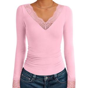 imageANRABESS Long Sleeve Shirts for Women Lace V Neck Slim Fit Basic TShirt Dressy Casual Blouses 2025 Trendy Fall Going Out TopLight Pink