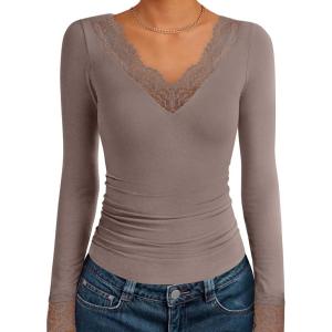 imageANRABESS Long Sleeve Shirts for Women Lace V Neck Slim Fit Basic TShirt Dressy Casual Blouses 2025 Trendy Fall Going Out TopLight Tan