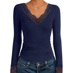 imageANRABESS Long Sleeve Shirts for Women Lace V Neck Slim Fit Basic TShirt Dressy Casual Blouses 2025 Trendy Fall Going Out TopNavy Blue