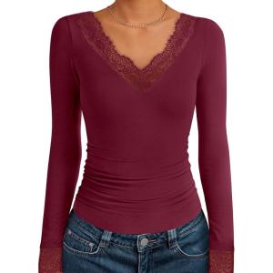 imageANRABESS Long Sleeve Shirts for Women Lace V Neck Slim Fit Basic TShirt Dressy Casual Blouses 2025 Trendy Fall Going Out TopRed