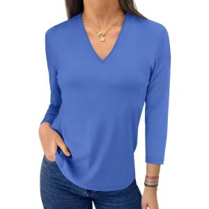 imageANRABESS Women 34 Length Sleeve Tops V Neck Basic Dressy Casual Business Tunic Tee Shirts 2025 Fall Summer Trendy OutfitsBlue