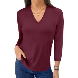 imageANRABESS Women 34 Length Sleeve Tops V Neck Basic Dressy Casual Business Tunic Tee Shirts 2025 Fall Summer Trendy OutfitsBurgundy