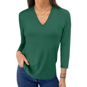imageANRABESS Women 34 Length Sleeve Tops V Neck Basic Dressy Casual Business Tunic Tee Shirts 2025 Fall Summer Trendy OutfitsDeep Green