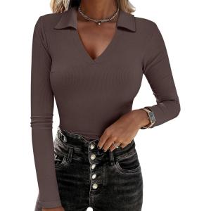 imageANRABESS Women Long Sleeve Polo Shirts V Neck Slim Rib Knit Collared Dressy Business Casual Top 2025 Basic Tee Fall OutfitsCoffee