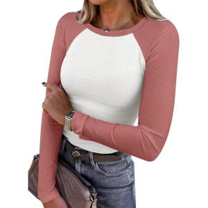 imageANRABESS Women Long Sleeve Shirts Ribbed Knit Slim Fitted Tops Casual Basic Tight Tee TShirts 2025 Fall Underscrubs LayerWhite Coral