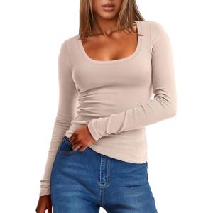 imageANRABESS Women Long Sleeve Thermal Top Scoop Neck Slim Fit Fleece Shirts Basic Tee Casual 2025 Fall Winter Warm UndershirtsGrey Camel