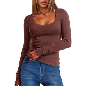 imageANRABESS Women Long Sleeve Thermal Top Scoop Neck Slim Fit Fleece Shirts Basic Tee Casual 2025 Fall Winter Warm UndershirtsRed Brown