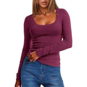 imageANRABESS Women Long Sleeve Thermal Top Scoop Neck Slim Fit Fleece Shirts Basic Tee Casual 2025 Fall Winter Warm UndershirtsWine Red