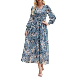 imageANRABESS Womens Long Sleeve Floral Maxi Dress Casual V Neck Chiffon Boho Flowy Beach Fall Wedding Guest Party Long DressesFloral Blue Apricot