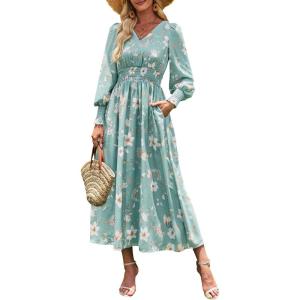 imageANRABESS Womens Long Sleeve Floral Maxi Dress Casual V Neck Chiffon Boho Flowy Beach Fall Wedding Guest Party Long DressesGreen White Floral