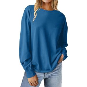 imageANRABESS Womens Long Sleeve Shirts Crewneck Oversized Tops Casual 2025 Fall Trendy TShirts Tee Blouse with Pockets ClothesDeep Blue