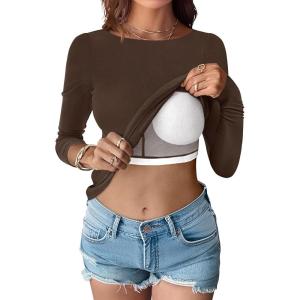 imageANRABESS Womens Thermal Shirts Builtin Bra Long Sleeve Tops Boat Neck Fleece Slim Fitted Basic Tee 2025 Fall Winter OutfitsDark Brown