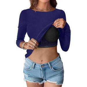 imageANRABESS Womens Thermal Shirts Builtin Bra Long Sleeve Tops Boat Neck Fleece Slim Fitted Basic Tee 2025 Fall Winter OutfitsNavy Blue