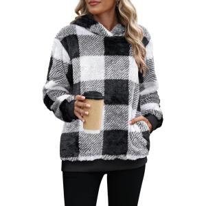 imageANRABESS Womens Hoodies Fleece Sherpa Sweatshirt 2025 Fall Loose Double Fuzzy Cozy Fluffy Warm Winter Pullover with PocketBlack White Plaid
