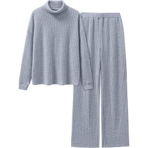 imageANRABESS 2 Piece Lounge Sets for Women Turtleneck Pajama Knit Long Sleeve Tops Pants Matching Pj Set Casual 2025 Fall ClothesDusty Blue