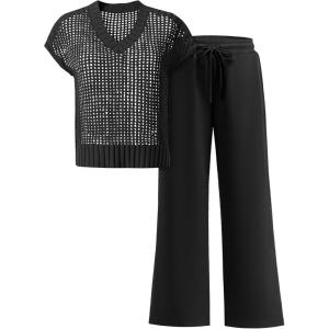 imageANRABESS Women 2 Piece Lounge Sets Crochet Knit Sweater Vest Wide Leg Pants Summer Casual Travel Matching Outfits ClothesBlack