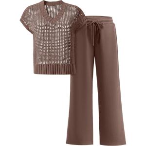 imageANRABESS Women 2 Piece Lounge Sets Crochet Knit Sweater Vest Wide Leg Pants Summer Casual Travel Matching Outfits ClothesBrown