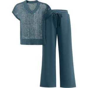 imageANRABESS Women 2 Piece Lounge Sets Crochet Knit Sweater Vest Wide Leg Pants Summer Casual Travel Matching Outfits ClothesLake