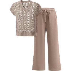 imageANRABESS Women 2 Piece Lounge Sets Crochet Knit Sweater Vest Wide Leg Pants Summer Casual Travel Matching Outfits ClothesLight Brown