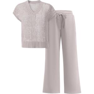 imageANRABESS Women 2 Piece Lounge Sets Crochet Knit Sweater Vest Wide Leg Pants Summer Casual Travel Matching Outfits ClothesLight Khaki