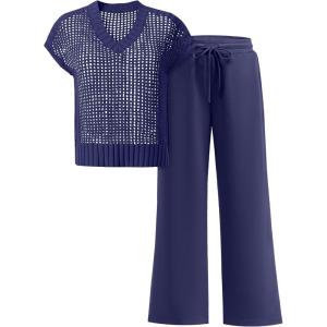imageANRABESS Women 2 Piece Lounge Sets Crochet Knit Sweater Vest Wide Leg Pants Summer Casual Travel Matching Outfits ClothesNavy Blue