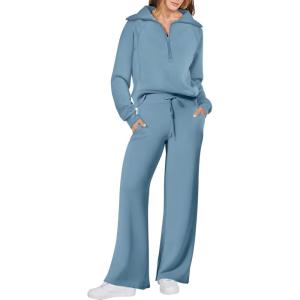 imageANRABESS Women 2 Piece Outfits 2025 Fall Fashion Airport Wide Leg Pants Lounge Set Leisure Travel Vacation Clothes SweatsuitsBlue