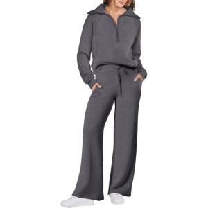 imageANRABESS Women 2 Piece Outfits 2025 Fall Fashion Airport Wide Leg Pants Lounge Set Leisure Travel Vacation Clothes SweatsuitsDark Grey