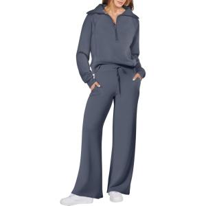 imageANRABESS Women 2 Piece Outfits 2025 Fall Fashion Airport Wide Leg Pants Lounge Set Leisure Travel Vacation Clothes SweatsuitsGray