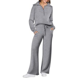 imageANRABESS Women 2 Piece Outfits 2025 Fall Fashion Airport Wide Leg Pants Lounge Set Leisure Travel Vacation Clothes SweatsuitsGrey