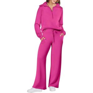 imageANRABESS Women 2 Piece Outfits 2025 Fall Fashion Airport Wide Leg Pants Lounge Set Leisure Travel Vacation Clothes SweatsuitsHot Pink