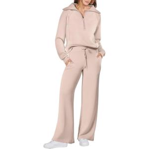 imageANRABESS Women 2 Piece Outfits 2025 Fall Fashion Airport Wide Leg Pants Lounge Set Leisure Travel Vacation Clothes SweatsuitsKhaki