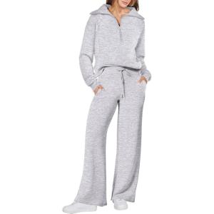 imageANRABESS Women 2 Piece Outfits 2025 Fall Fashion Airport Wide Leg Pants Lounge Set Leisure Travel Vacation Clothes SweatsuitsLight Grey