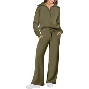 imageANRABESS Women 2 Piece Outfits 2025 Fall Fashion Airport Wide Leg Pants Lounge Set Leisure Travel Vacation Clothes SweatsuitsOlive