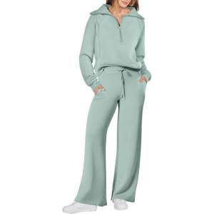 imageANRABESS Women 2 Piece Outfits 2025 Fall Fashion Airport Wide Leg Pants Lounge Set Leisure Travel Vacation Clothes SweatsuitsPea Green