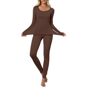 imageANRABESS Women Lightweight See Through Sexy Thermal Underwear Sets Fall Ultra Stretchy 2 Piece Pajamas Lounge Basic Layer SetCoffee