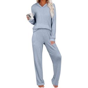 imageANRABESS Womens 2 Piece Lounge Pajama Sets Ribbed Knit Long Sleeve Hoodies Tops Matching Pants Casual Fall Sleepwear OutfitsBlue